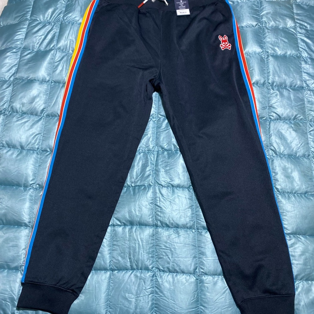 NWT Mens Psycho Bunny Black Track Pants with Blue, Yellow and Red Accents Sz XXL